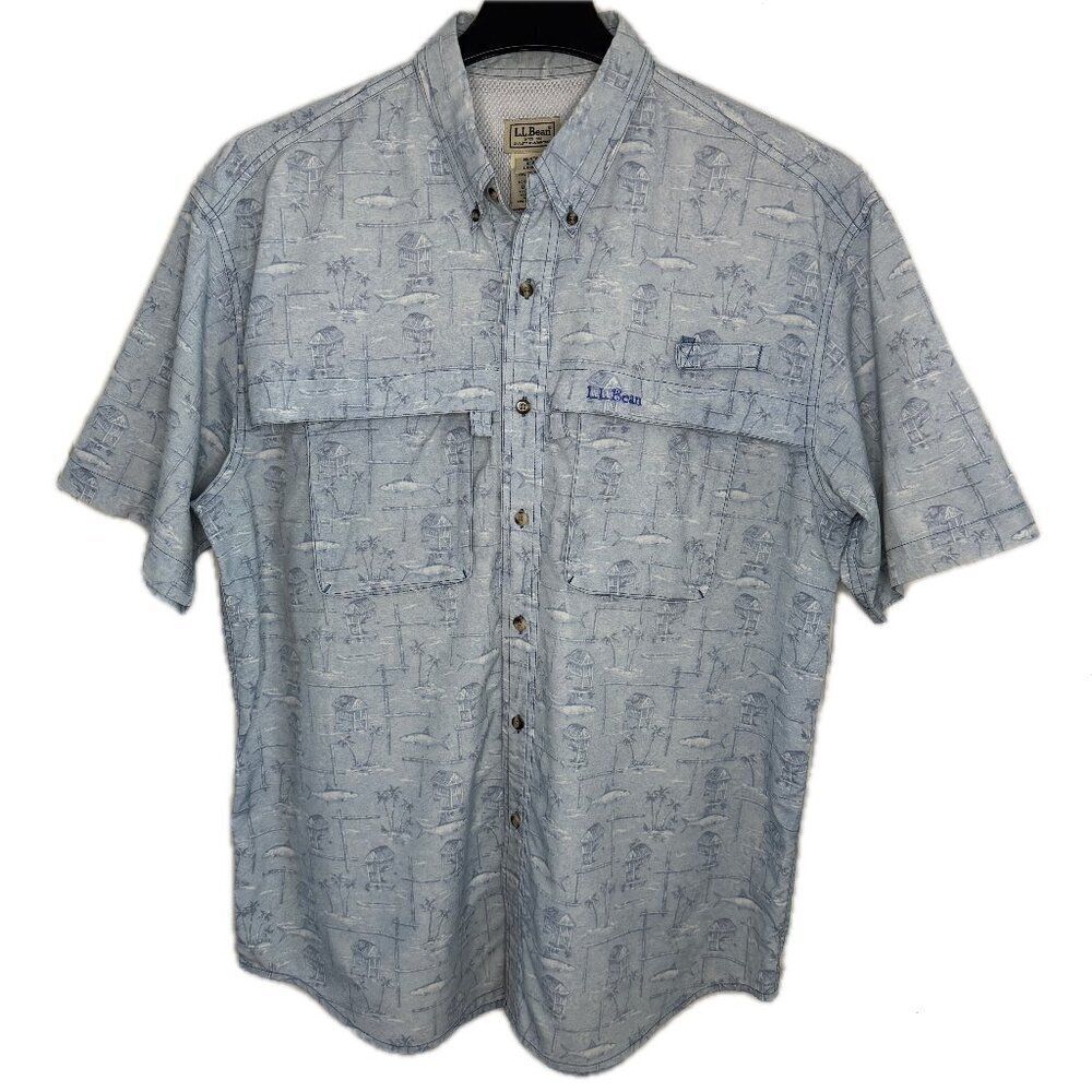 L.L. Bean Vented Fishing Shirt Light Blue Short Sleeve Button Down - Large Reg